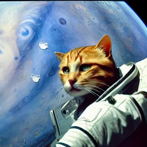 Prompt: cat with astronaut helmet flying over the jupiter, photo