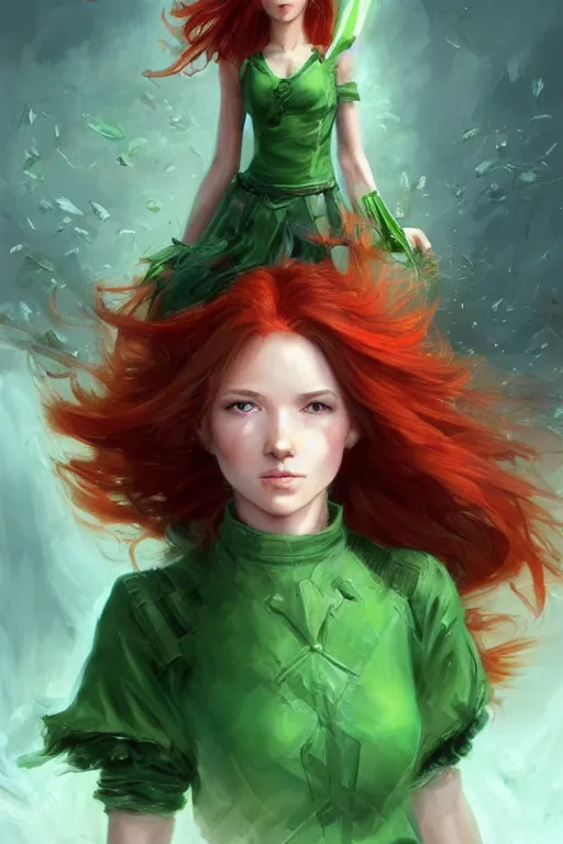 Image similar to beautiful cute red haired joyful and playful 1 9 year old maiden standing up in a green dress, long hair, rpg character, sci - fi, fantasy, intricate, elegant, digital painting, artstation, concept art, smooth, 8 k frostbite 3 engine, ultra detailed, art by artgerm and greg rutkowski and magali villeneuve