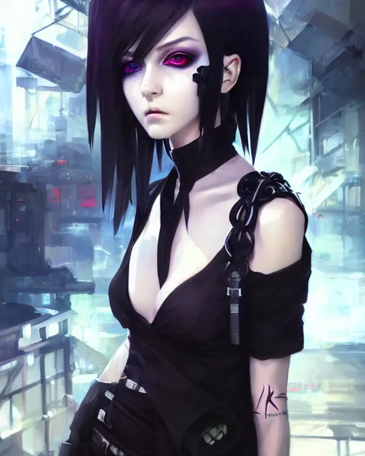 Image similar to portrait of goth cyberpunk Anime girl, cute-fine-face, pretty face, realistic shaded Perfect face, fine details. Anime. realistic shaded lighting by Ilya Kuvshinov Giuseppe Dangelico Pino and Michael Garmash and Rob Rey, IAMAG premiere