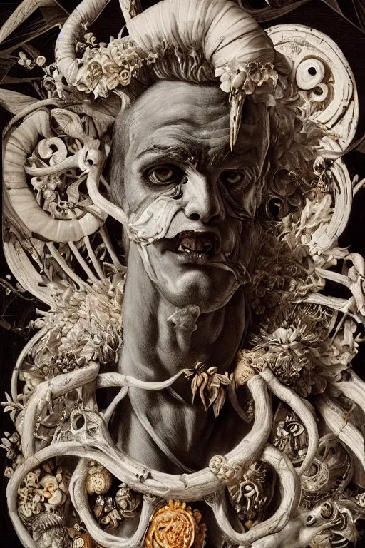 Image similar to Detailed maximalist portrait a greek god with large lips and with large white eyes, exasperated expression, botany bones, HD mixed media, 3D collage, Grimm fury takes character, highly detailed and intricate, surreal illustration in the style of Caravaggio, dark art, baroque