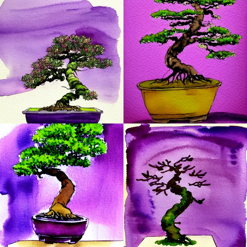 Prompt: bonsai tree, purple background, watercolor-wash and ink