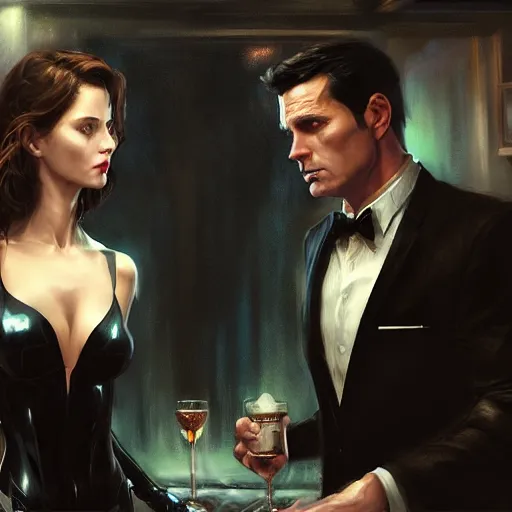 Image similar to daniel gerhartz and artgerm and wlop detailed portrait digital painting of a bruce wayne and selina kyle at a party in a mansion, mansion interior in the background, unreal engine, hyper realism, realistic shading, cinematic composition, blender render, octane render, hdr, detailed textures, photorealistic, 3 5 mm film