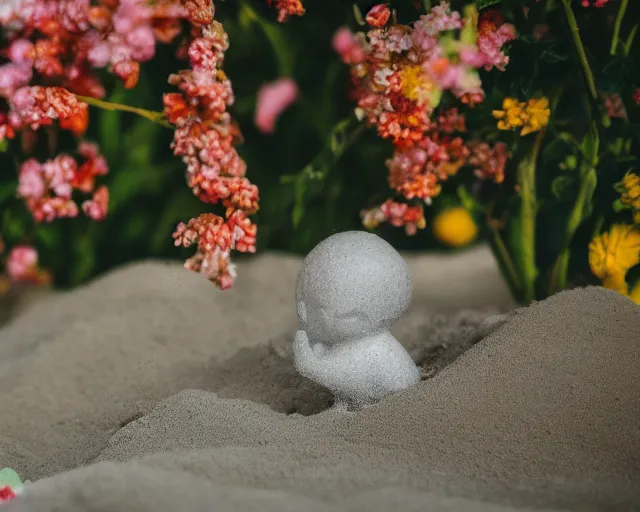 Image similar to 8 5 mm food photography of one punch man near a garden with sand with dof and bokeh and flowers o