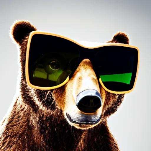 Prompt: contemporary photo of a bear wearing sunglasses, black background, neon style lighting