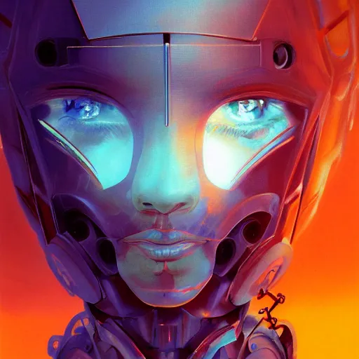 Prompt: symmetry closeup portrait of a cyborg girl, shattered glass, cinematic light, backlight, orange sky blue, misty, mecha, ( ( by mikhail vrubel ) ), by philippe druillet, by peter elson, by gerald brom, muted colors, ( extreme detail ), trending on artstation, 8 k