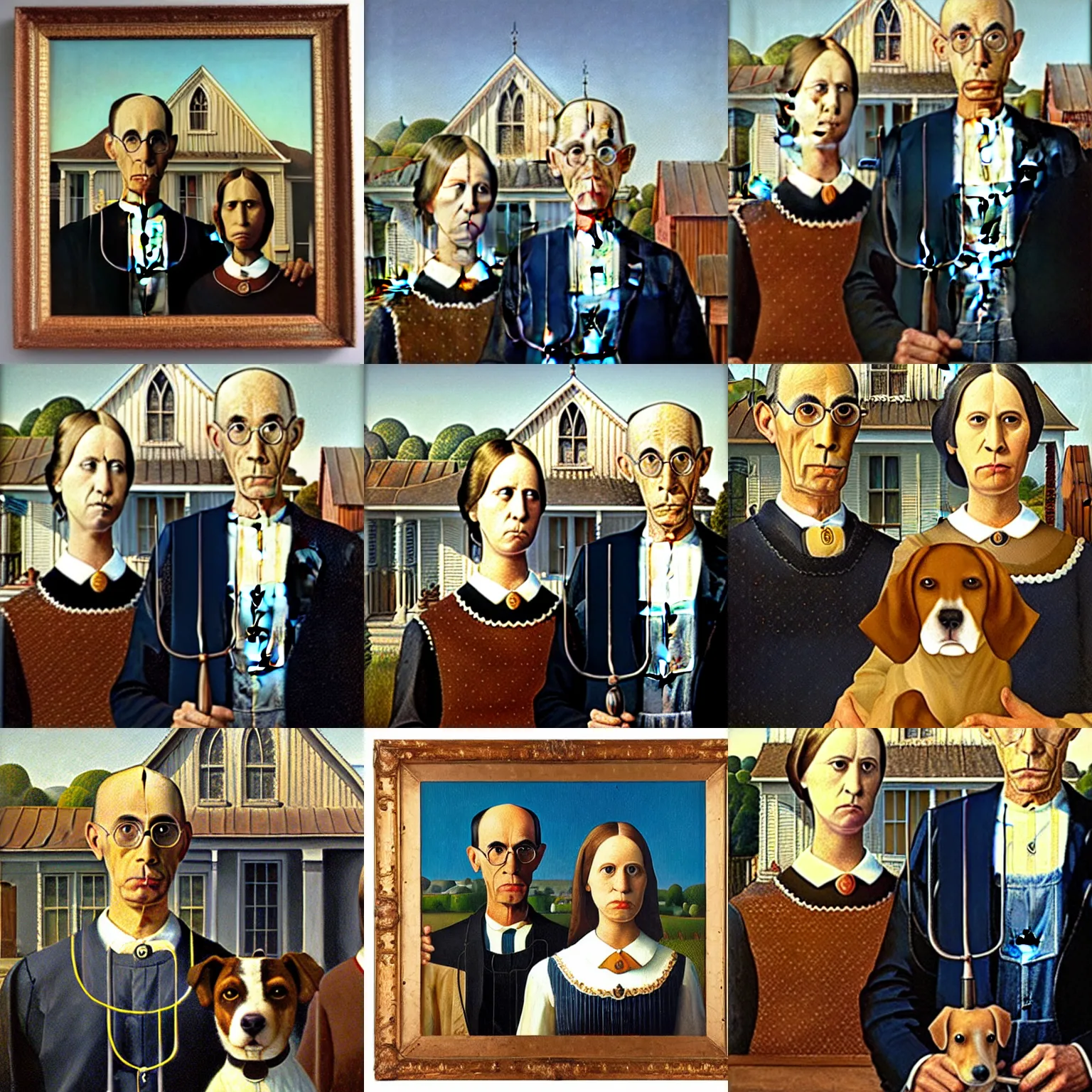 Prompt: a painting by grant wood of a dog couple, American Gothic style