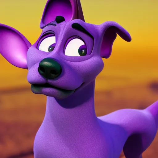 Prompt: a beautiful 3d render of a purple dog in a disney movie, in the style of disney, pixar, mixed media collage, highly detailed, 8k resolution