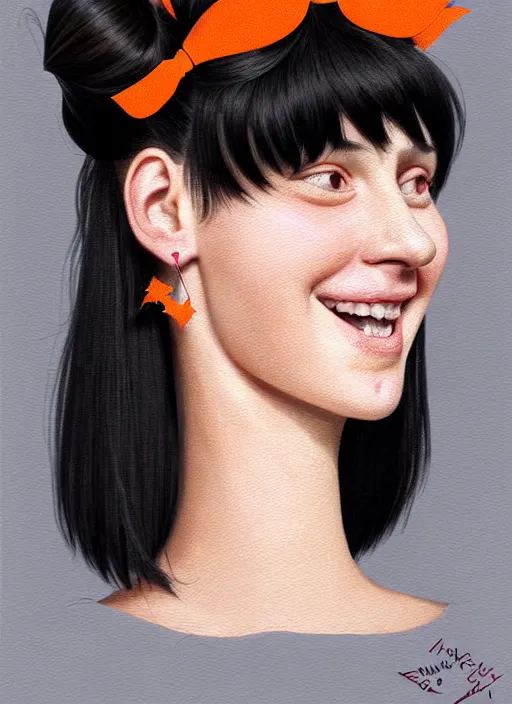 Image similar to portrait of high school girl, realistic, black hair, bangs, half updo hairstyle, pointy nose, skinny, smile, ugly, defined jawline, big chin, orange hair bow, earrings, intricate, elegant, glowing lights, highly detailed, digital painting, artstation, sharp focus, illustration, art by wlop, mars ravelo and greg rutkowski