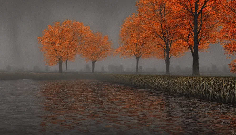 Image similar to autumn, midwest town, grey sky, leafs, trees, river, hyperdetailed, artstation, cgsociety, 8 k