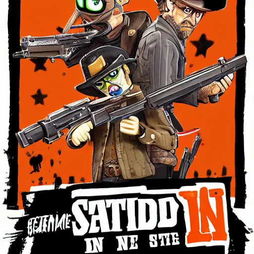 Image similar to Splatoon Inklings in the style of Red Dead Redemption 2, cell shaded game box cover