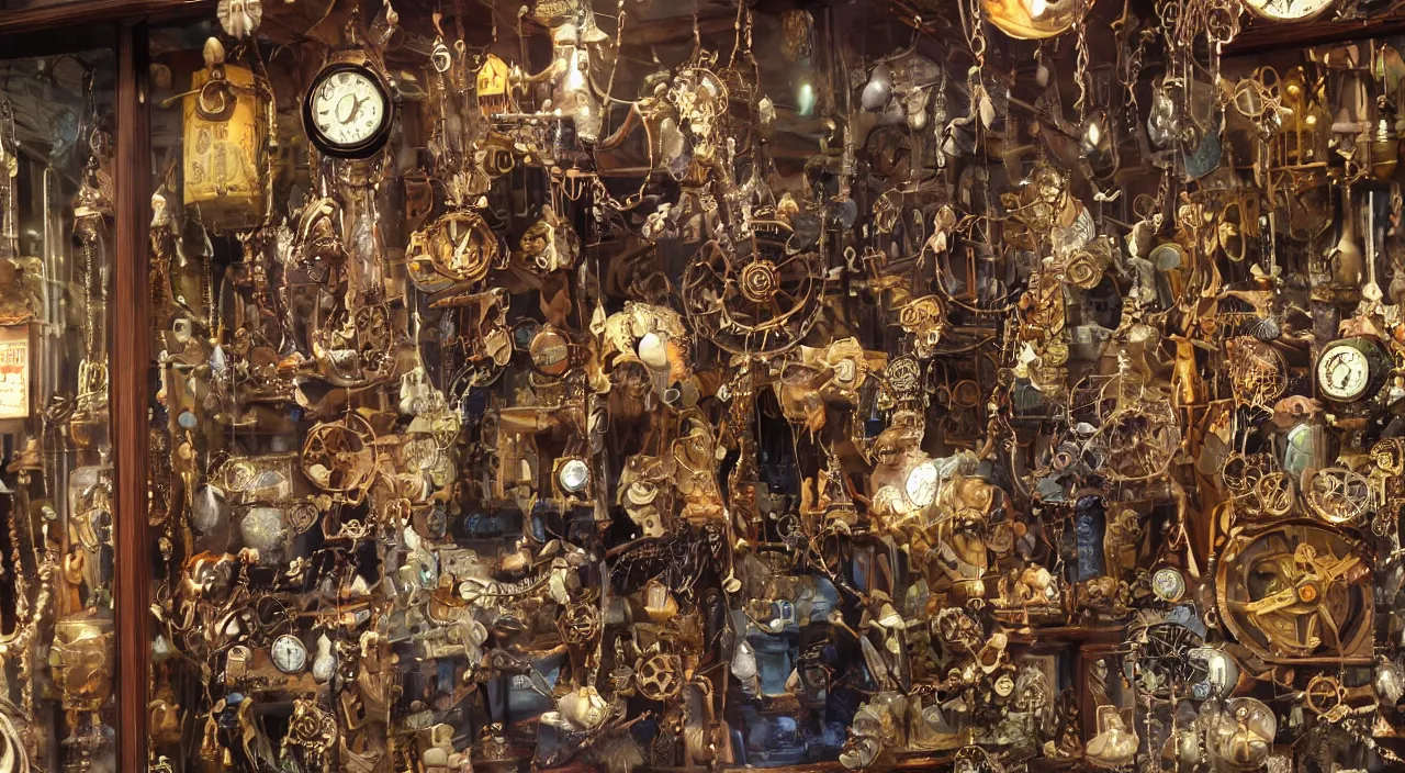 Prompt: closeup of a steampunk shop window by don bluth, photo realistic, completely filled with interesting oddities, things hanging from ceiling, light bulbs, cinematic