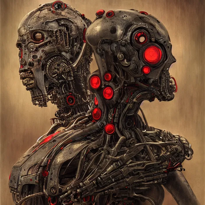 Image similar to in the art style of h. r. giger a portrait of a ruby ultron from age of ultron, clockwork steampunk, head and chest only, by beksinski, 4 k, deviantart, trending on artstation