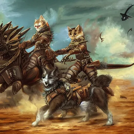 Prompt: Warrior cats riding large wardogs into battle, steampunk weapons and armour