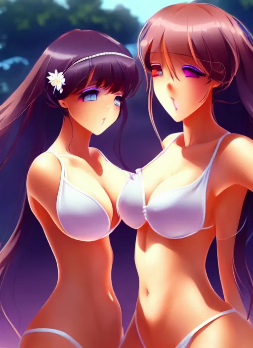 Image similar to two beautiful mothers out on a hot summer day, by the river, gorgeous faces, thick lines, cinematic lighting, detailed anime art