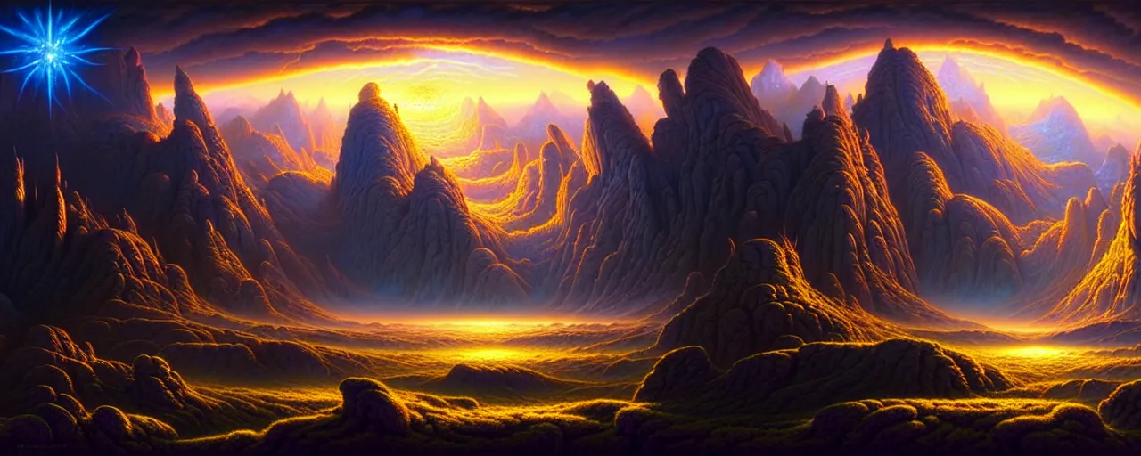 Prompt: spacetime with a beautiful ultra detailed matte painting a lush mountain range at dusk by tomasz alen kopera and Justin Gerard and Dan Mumford, tarot card, dazzling energy, ultra wide angle shot, high angle shot, intricate, fractal magic, rays of god, hyperdetailed, micro details, volumetric lighting, 8k, ray tracing, polarized lens