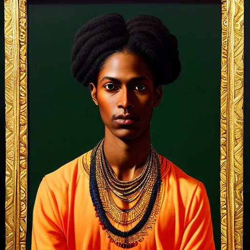 Image similar to A portrait of a skinny stylish and beautiful non-binary person, dark skin tone, Indian, oil painting by Kehinde Wiley, majestic, detailed, high resolution