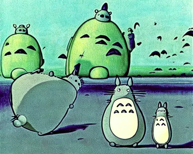 Image similar to ! dream totoro. yves tanguy art. a still from my neighbor totoro, re imagined in the style of yves tanguy. surrealism, dadaism, ghibli