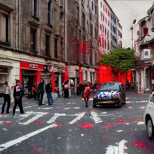 Prompt: A British European City with cars and people roaming inside of the city, certain aspects of the background are lens blurred, splatters of red and red paint circle significant parts of the city, blots of red paint, some of the people are even painted red, black and white photograph painting, real life, realistic, hyperrealistic, very realistic, photo photograph, photo, photograph, painting, oil painting, ultra realistic, very detailed, extremely detailed, highly detailed, HD Quality, 4k resolution, 8k resolution, trending on artstation, in the style of an Album Cover, cool, epic, nostalgic, intricate details