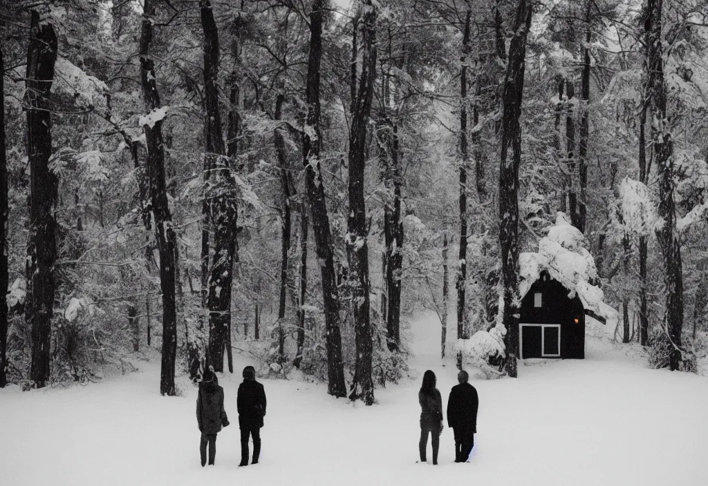 Image similar to lomo photo of two human silhouettes standing in front of a modern forest cabin in the snow, cinestill, bokeh, out of focus, day, dramatic lighting