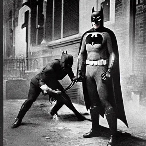 Image similar to old black and white photo, 1 9 2 5, depicting batman fighting a man in vintage suit in an ally of new york city, rule of thirds, historical record