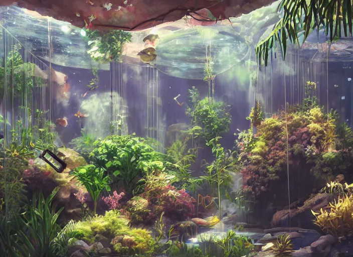 Prompt: clean neat clarity professional visual development set design, messy cozy store with hanging cages and bright aquariums, ferns and foliage, dim painterly lighting volumetric aquatics, impasto, trending on pixiv