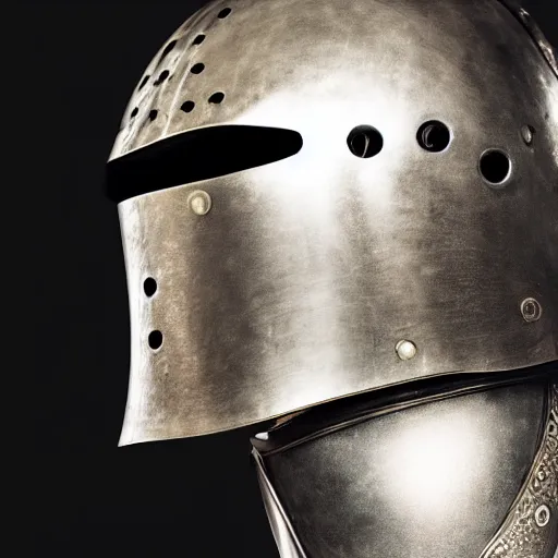 Prompt: portrait of a knight in armor, studio lighting, dark background, open helmet with face visible, photorealistic style