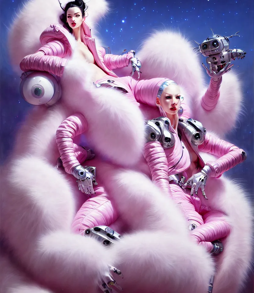 Image similar to beautiful fantasy character portrait, wearing pink puffy bomber jacket with white fur, seductive reclining pose, futuristic robots sitting, ultra realistic, dramatic lighting, robots, the fifth element artifacts, highly detailed by peter mohrbacher, hajime sorayama, wayne barlowe, boris vallejo, aaron horkey, gaston bussiere, craig mullins