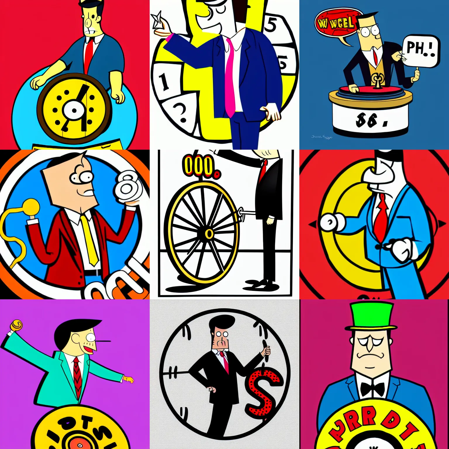 Prompt: well dressed man spinning price is right wheel, cartoon, ilustration, artwork, style of adult swim