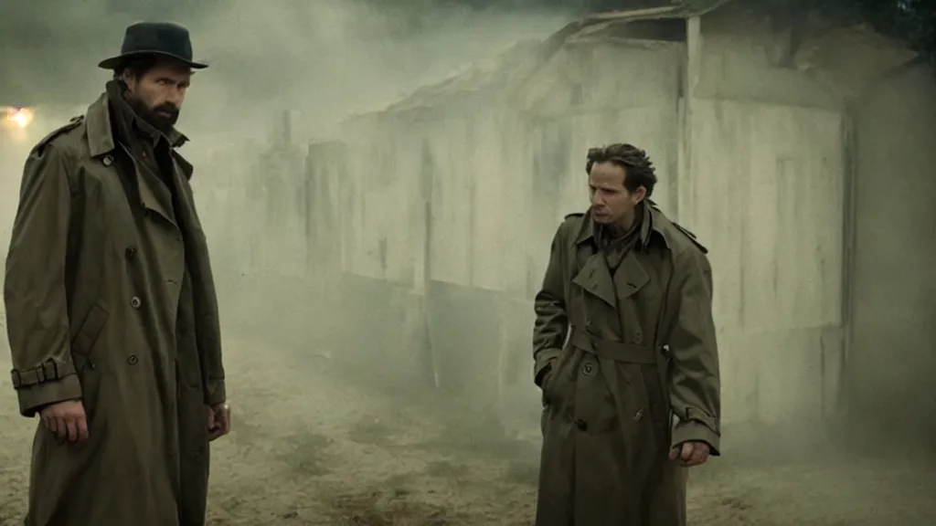 Prompt: a man in a trench coat walks into a shack, it's filled with old technology, film still from the movie directed by Denis Villeneuve, wide lens