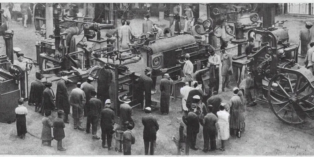 Prompt: people gathered around a machine that makes, 1 9 0 0 s photograph