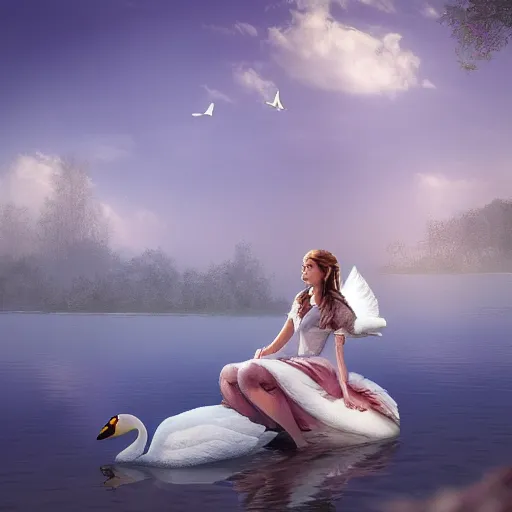 Image similar to a princess riding a giant swan in the lake, trending on artstation