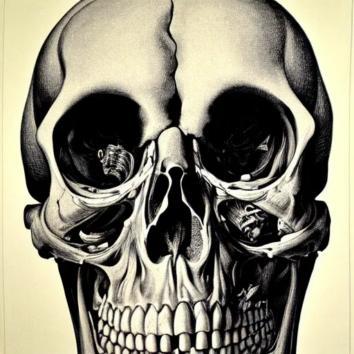 Image similar to scull anatomical atlas dissection center cut lithography on paper conceptual figurative ( post - morden ) monumental dynamic soft shadow portrait drawn by hogarth and escher, inspired by goya, illusion surreal art, highly conceptual figurative art, intricate detailed illustration, controversial poster art, polish poster art, geometrical drawings, no blur