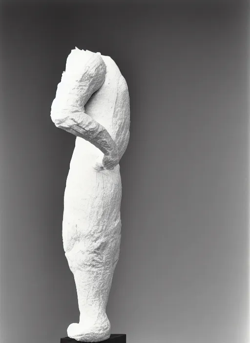 Prompt: realistic photo of a sculpture model of white cloud, standing on a wooden stick, front view 1 9 9 0, life magazine reportage photo, metropolitan museum photo