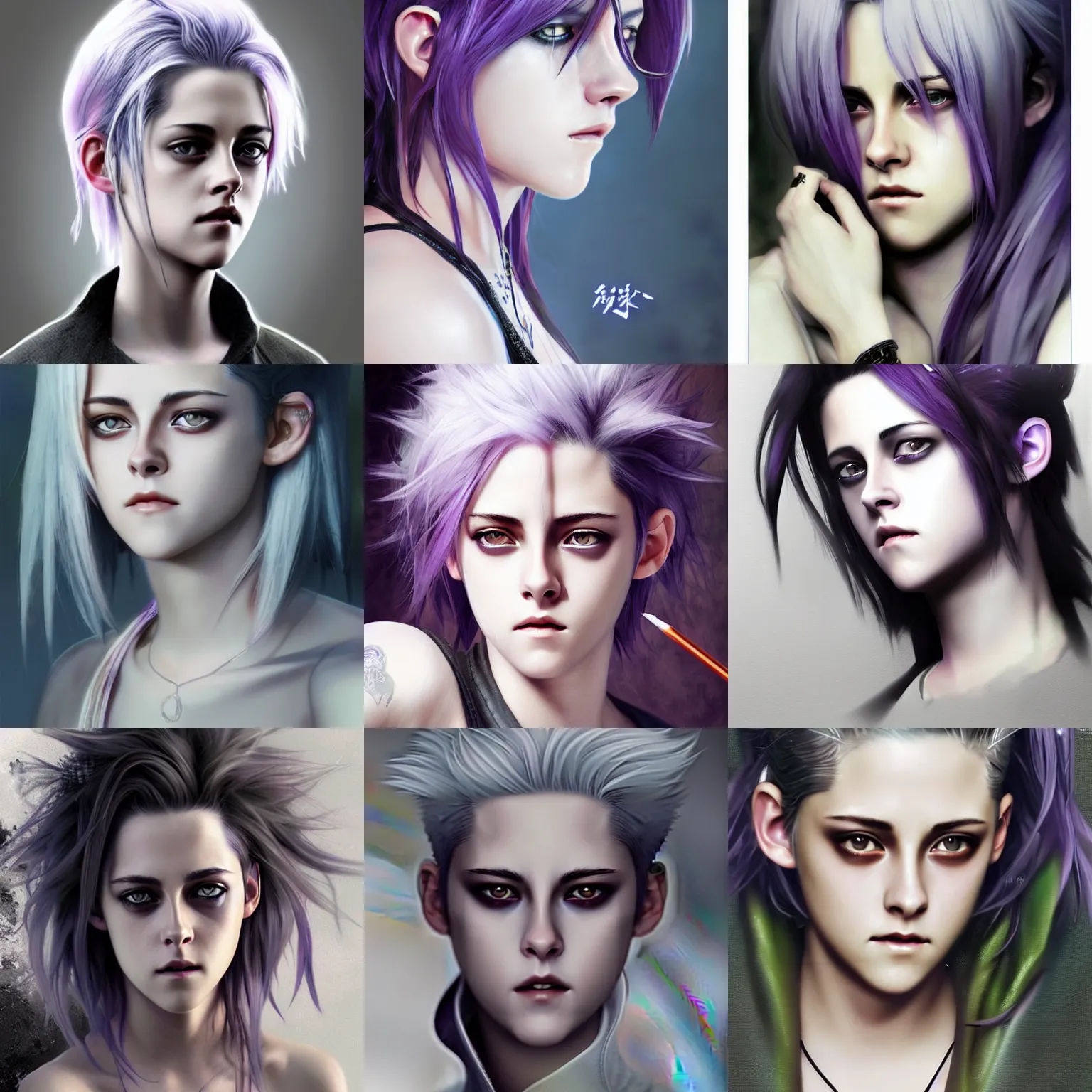 Prompt: Anime portrait of Kristen Stewart with silver hair and deep-purple skin, detailed, photorealistic digital art, style by Ruan Jia and Fenghua Zhong