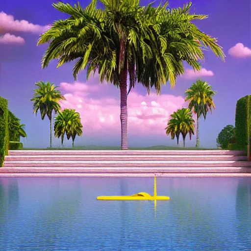 Image similar to hyperrealistic geometric objects in a surreal minimalistic 8 0's dreamscape environment by salvador dali, enormous emoji, highly detailed, 3 d render, octane, beautiful lighting, photorealistic, intricate, elegant, wayne barlowe, water, mirrors, pink doorway, beautiful, masterpiece, trending on artstation, palm tree