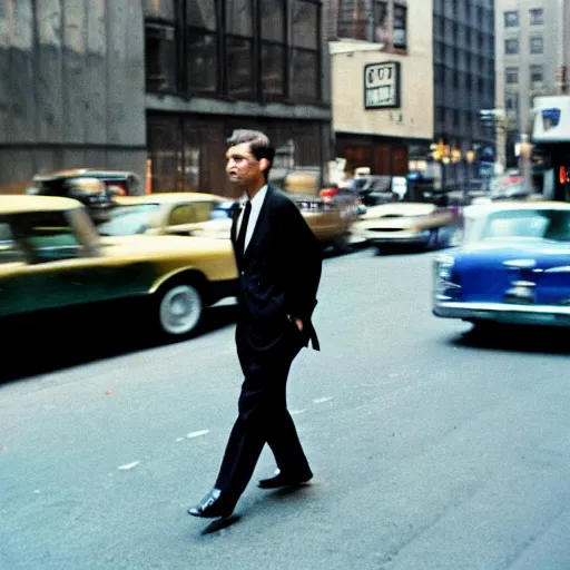 Prompt: portrait of a man walking in a suit in the streets of new york, 1 9 6 0 s, street photography taken with ektachrome, featured on flickr, photographed on expired film