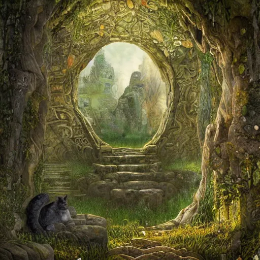 Prompt: ancient overgrown ruins, medieval gates, runestones, mysetrious etherial mesmerizing runic cat eyes, magical elven geometry, concept art by gustav klimt, deviantart contest winner, environmental art, high detail