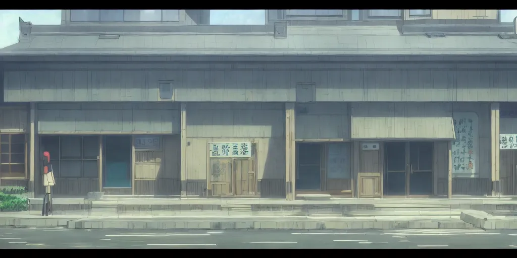 Image similar to close up front view of a japanese building facade with signs on it, a screenshot from the anime film by Makoto Shinkai