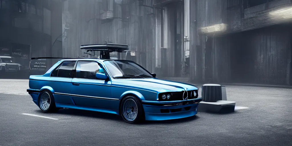 Prompt: a design of a bmw e30, designed by Polestar, blade runner background, iridescent blue car paint, wrapped in gold lead, black windows, dramatic lighting, hyper realistic render, depth of field, 8k, rendered in octane