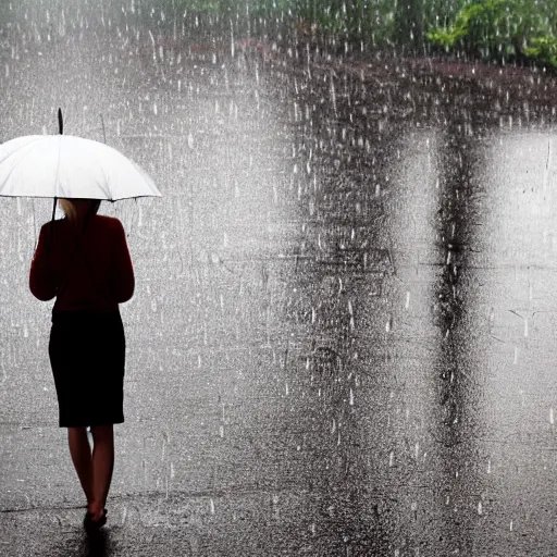 Prompt: heavy rain and a girl with an umbrella searching the sun