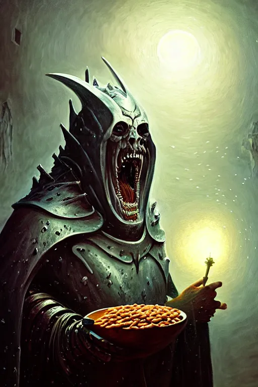 Image similar to hieronymus bosch, greg rutkowski, anna podedworna, painting of arthas menethil the lich king eating baked beans