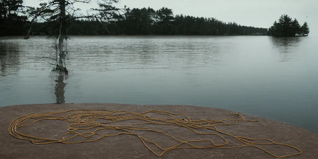 Prompt: centered photograph of a single line of thick big brown \ long rope floating on the surface stretching out into the water into the center of the lake, a dark lake sandy shore on a cloudy day, color film, sandy shore foreground trees in the background, hyper - detailed kodak color film photo, anamorphic lens