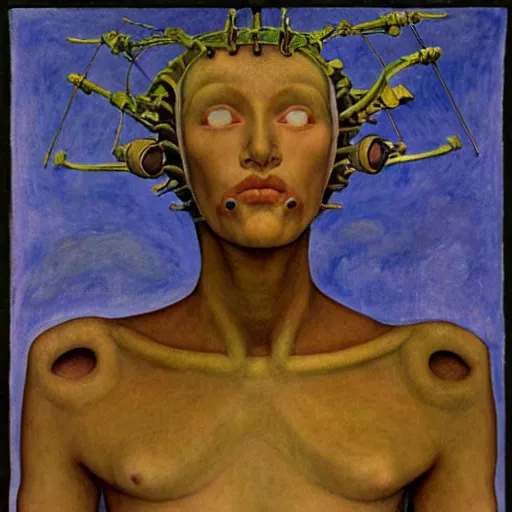 Image similar to robot boy wearing the bone crown, by annie swynnerton and diego rivera and lucien freud and jean delville and evelyn de morgan, symbolist, dramatic lighting, elaborate geometric ornament, art brut, soft pastel colors, smooth, sharp focus, extremely detailed, adolf wolfli, leo and diane dillon, nicholas roerich, donato giancola