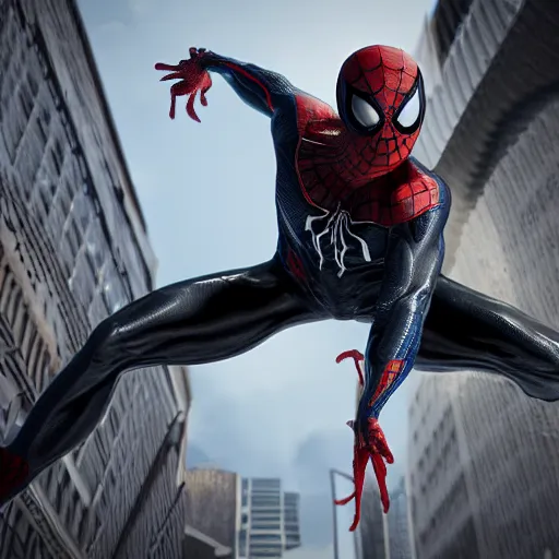 Image similar to a single venom and spider - man hybrid, dslr, cinematic, volumetric lighting, 8 k resolution, photorealistic