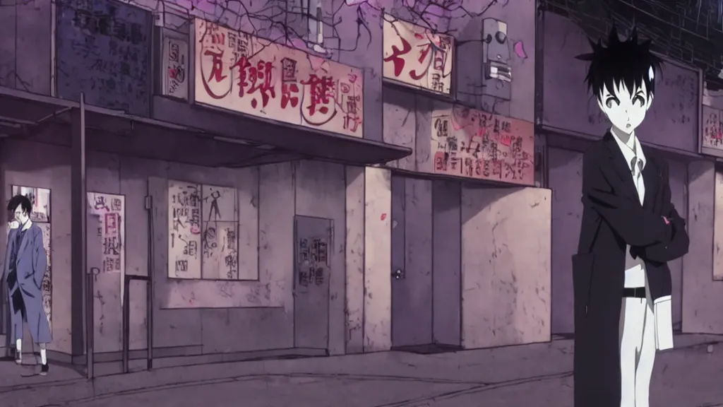 Image similar to a man wearing a black trench coat and black rabbit mask standing outside a night club, anime film still from the movie directed by Junji Ito, wide lens