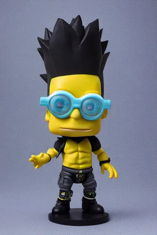 Image similar to collectable cyberpunk bart simpson fantasy statue, d & d, pathfinder nendoroid, funko pop, resin statue, artstation, pinterest, etsy, detailed product photo, 3 / 4 dynamic pose