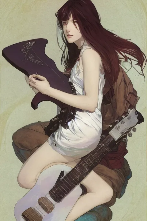 Image similar to a white haired girl with a guitar on her back sitting on the floor taking off her socks, 4 5 angel by krenz cushart and mucha and akihito yoshida and greg rutkowski, 4 k resolution