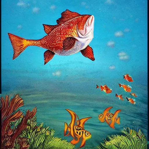 Prompt: a guffy looking fish jumping out of a beautiful lake with a funny day, in the style of Patrick woodroffe