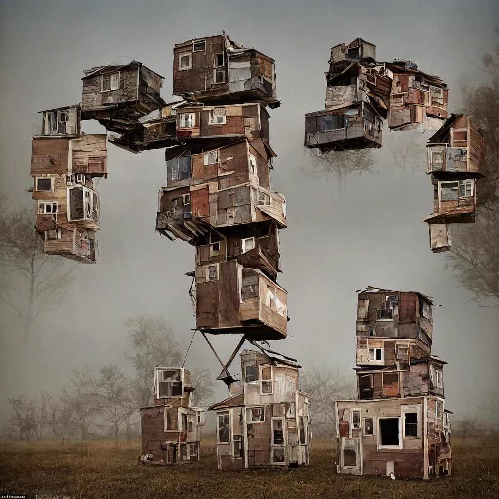 Image similar to towers made up of stacked makeshift squatter shacks with faded colours suspended over a quagmire, plain uniform sky at the back, misty, mamiya, ultra sharp, very detailed, photographed by julie blackmon, cristina de middel and john chiara