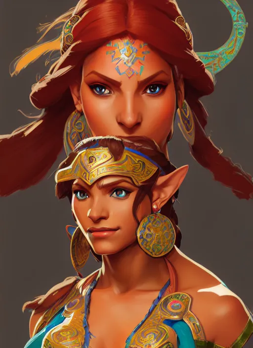 Prompt: portrait of urbosa from breath of the wild, intricate, elegant, highly detailed, ray tracing, digital painting, artstation, concept art, smooth, sharp focus, illustration, art by artgerm and greg rutkowski and alphonse mucha, 8 k